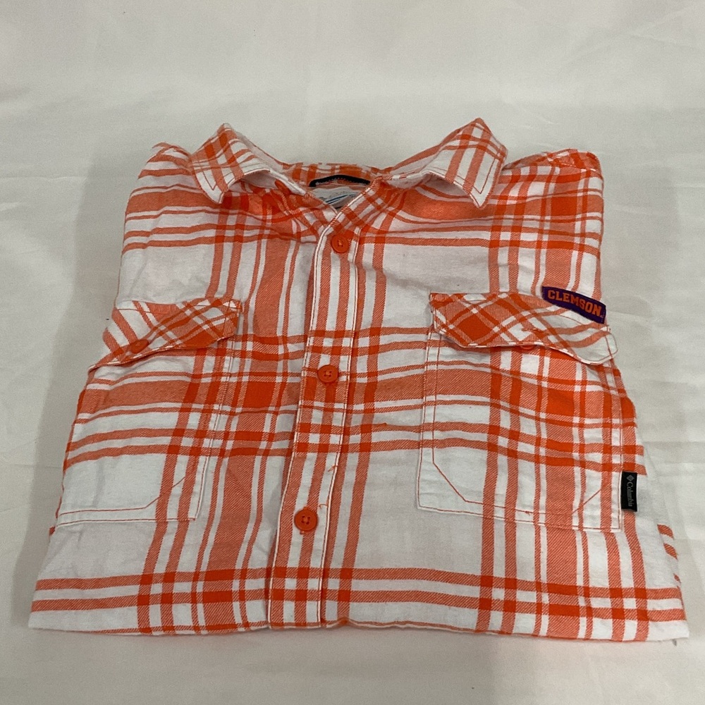 Columbia Men's Clemson inspired Orange and White Plaid button down Shirt